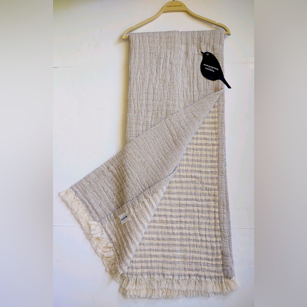 🎁Piscatextil Elegant Cream and Gray Striped Reversible Throw Blanket,100% Cotton